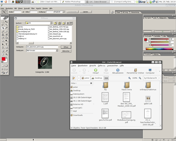 Vergleich Gnome-Desktopumgebung (Vordergrund) und WINE-Photoshop (Hintergrund)