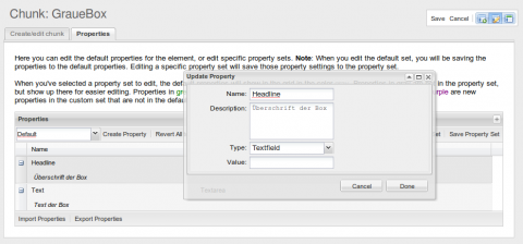 Anlegen eines Property Sets in MODx Revolution