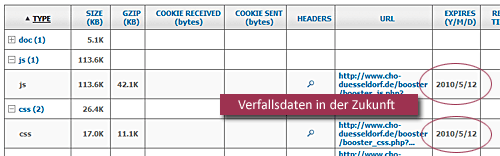 YSlow Komponentenansicht mit Verfallsdaten