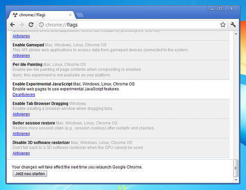 Der ES6-Aktivierungs-Dialog in Chrome