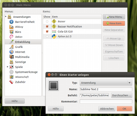 Dialoge zum Anlegen eines Menüeintrags für Sublime Text 2