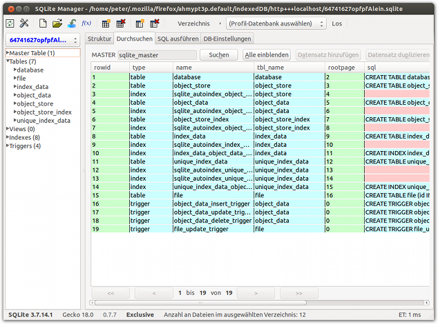 Das Firefox-Addon SQLite Manager stellt den Inhalt von Indexed DB in einer Tabellenstruktur dar