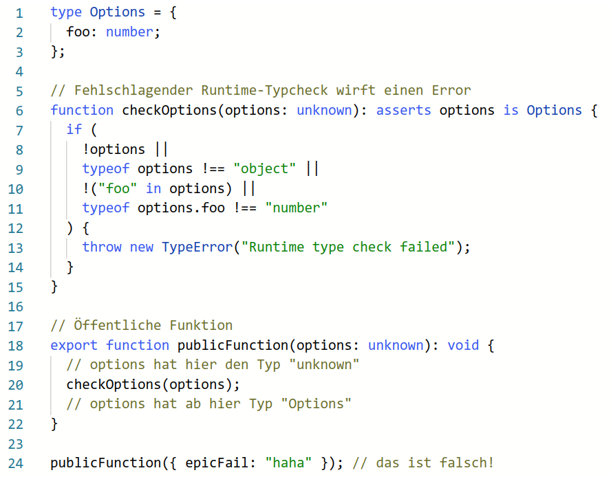 Eine TypeScript-Funktion akzeptiert einen offensichtlich zu einem Laufzeit-Fehler fürenden Wert, da er zu 'unknown' passt